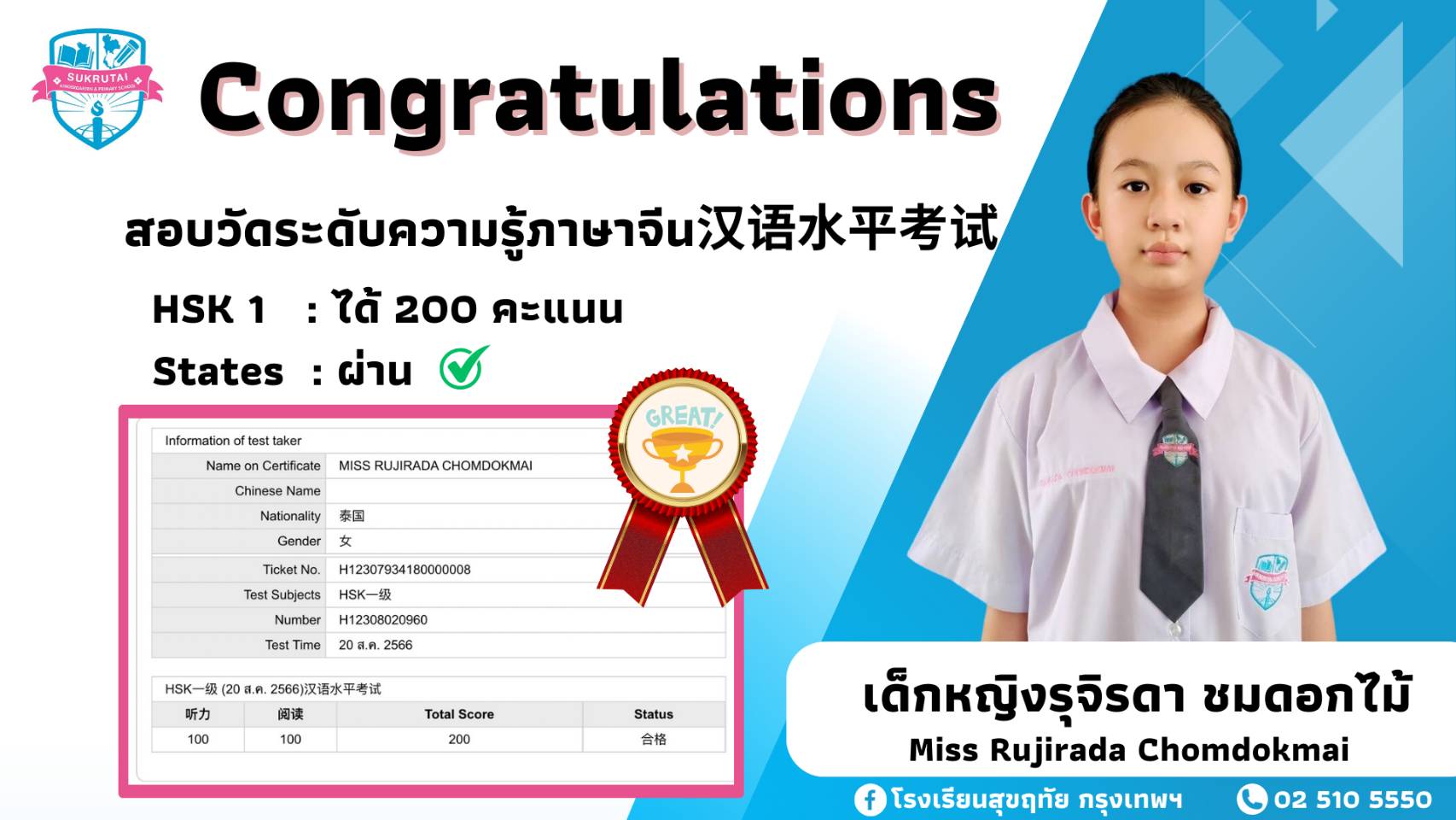 congratulations ! ขอแสดงความยินดีกับนักเรียนระดับชั้นประถมศึกษาปีที่ 6 โปรแกรม CEC ที่ได้คะแนนสอบ วัดระดับความรู้ภาษาจีน 汉语水平考试 （HSK 1) ผ่านเกณฑ์  ตั้งแต่ 120 คะแนน ขึ้นไป เต็ม200คะแนน